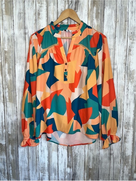 Fate Tops - Fate Abstract Print Blouse Women’s Large Colorful Boho Long Sleeve Ruffle Neck